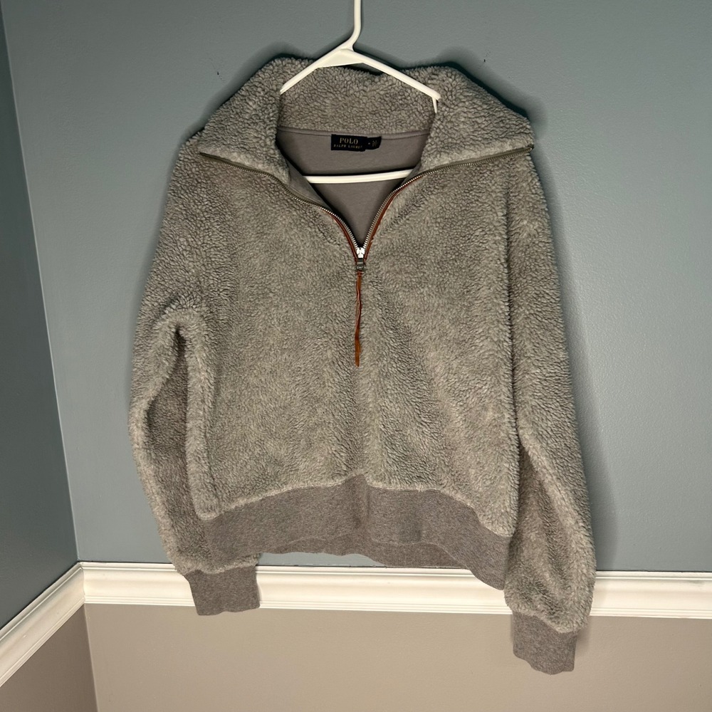 Polo Ralph Lauren Womens Grey Sherpa Fleece Quarter Zip Pullover Leather Pull M